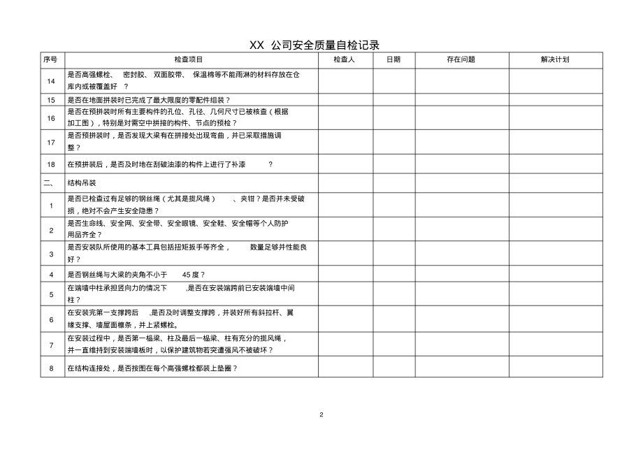 鋼結構制作質(zhì)量檢查記錄